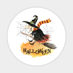 Halloween, watercolor witch, spider web Magnet